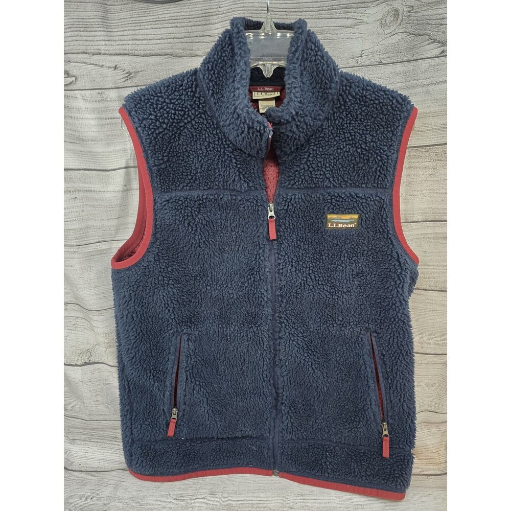 LL Bean Sherpa Vest Mountain Pile Fleece Full Zip Navy & Red Size Medium Regular